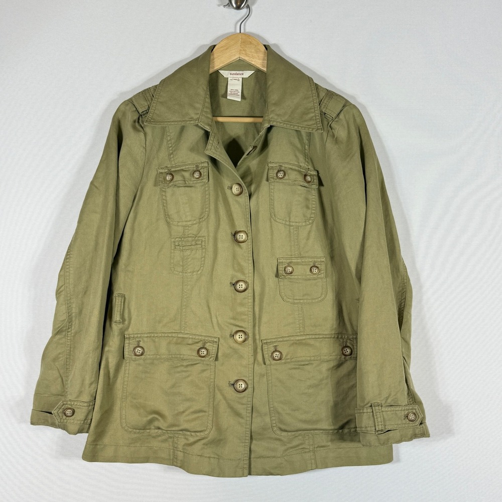 Sundance Medium Utility‎ Jacket Olive Green Womens Linen Blend Safari Field Coat